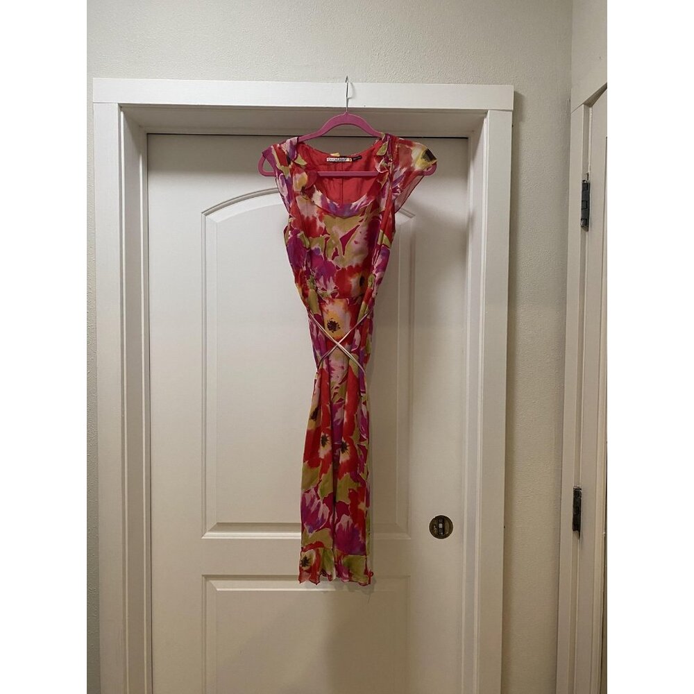 Fiori di Zucca Dress Womens 6 Multicolor Floral Wrap Tie Belt Sheer Maxi Lined